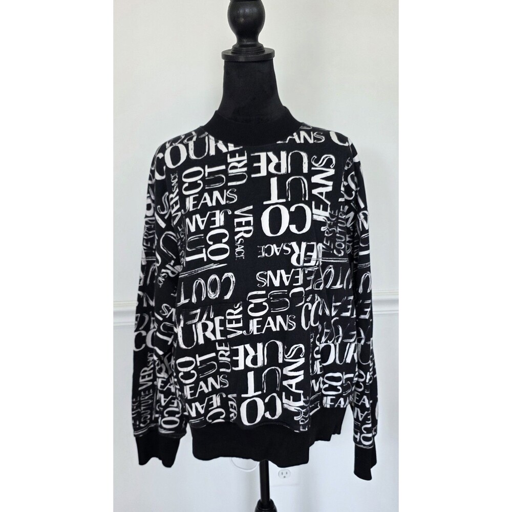 Versace Jeans Couture S Black White Logo Sweatshirt Kangaroo Pocket Graphic